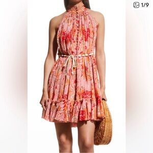 ZIMMERMANN Violet Short Halter Dress Coral Floral silk cotton blend Sz 1 Med / 6